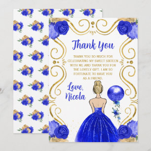 Sweet Sixteen Blonde Princess in Royal Blue Thank You Card