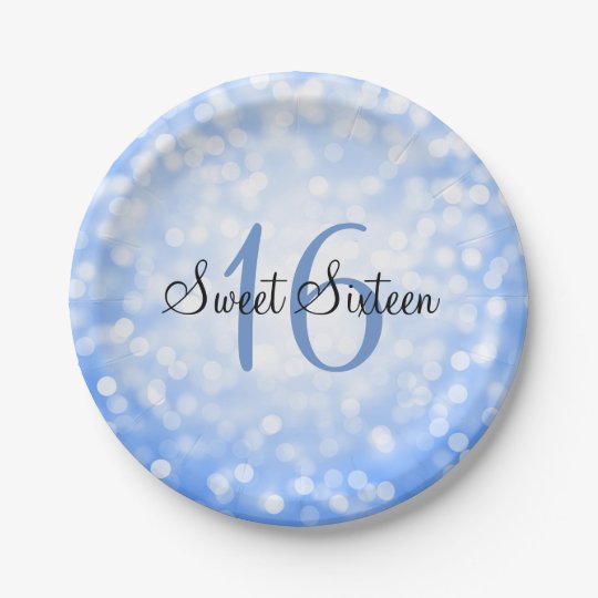 Sweet Sixteen Blue Glitter Lights 7 Inch Paper Plate