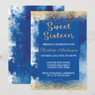 Sweet Sixteen Blue Gold Glitter Watercolor Invitation