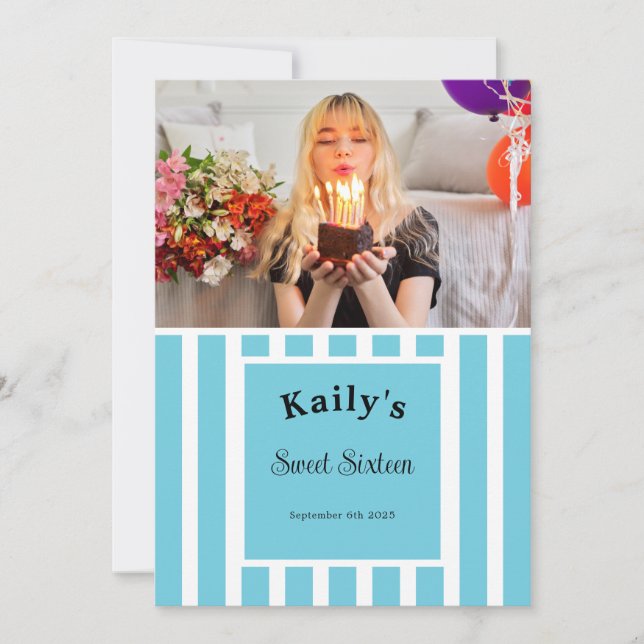 Sweet Sixteen Blue Stripe Photo Invitation (Front)