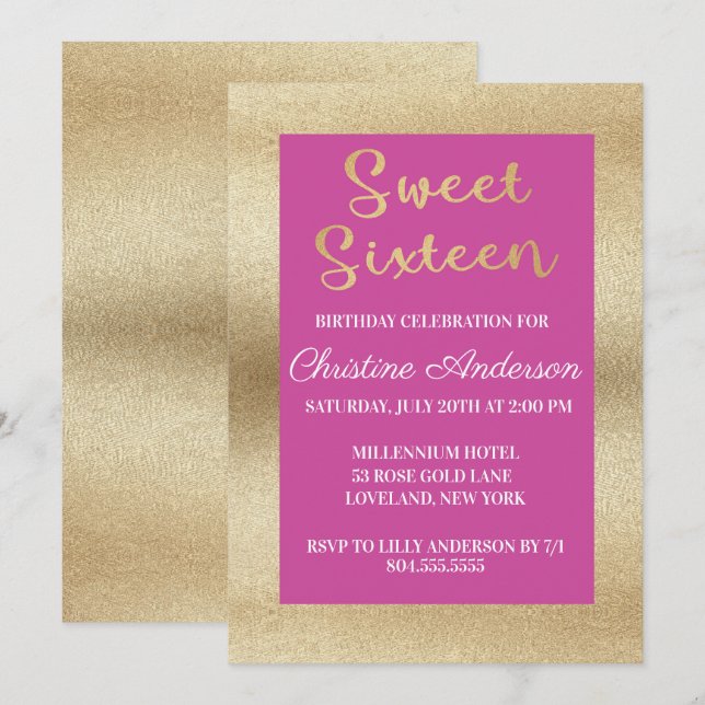 Sweet sixteen Brossé Gold Foil Invitation (Devant / Derrière)
