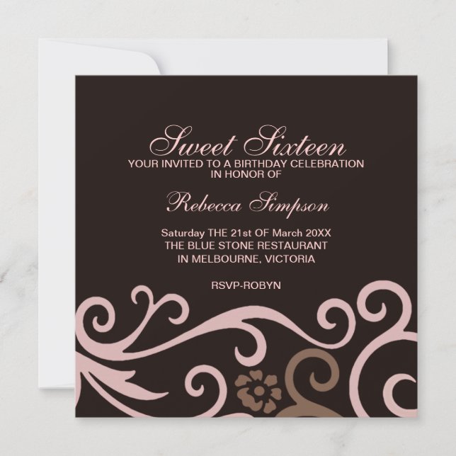 Sweet sixteen Brown et crème tourbillon Invitation (Devant)