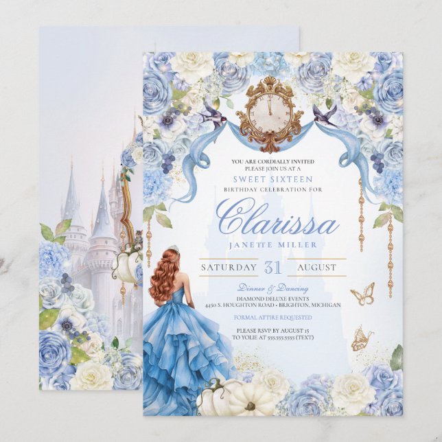 Sweet Sixteen Cinderella Blue Royal Birthday Invitation (Front/Back)