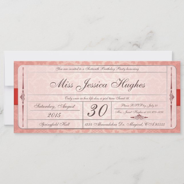 Sweet sixteen Damask Invitation de billets (Devant)