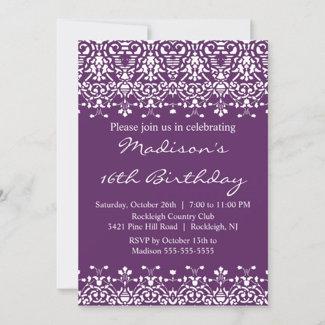 Sweet sixteen Damask tendance Invitation Anniversa (Devant)