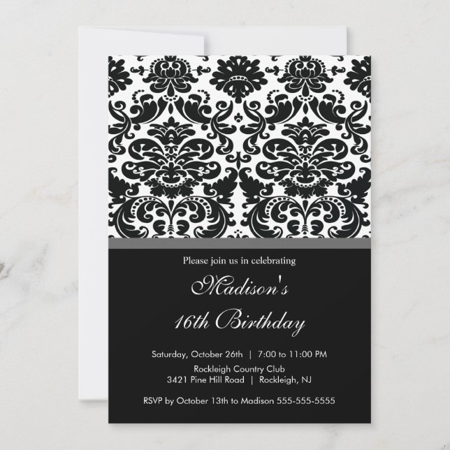 Sweet sixteen Damask tendance Invitation Anniversa (Devant)