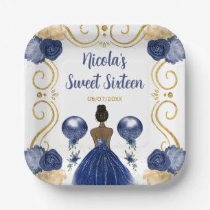 Sweet Sixteen Dark Skin Princess in Navy Blue Paper Plate