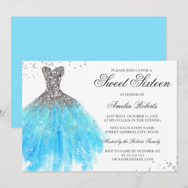 Sweet sixteen de robe bleu étincelante Invitation (Devant / Derrière)