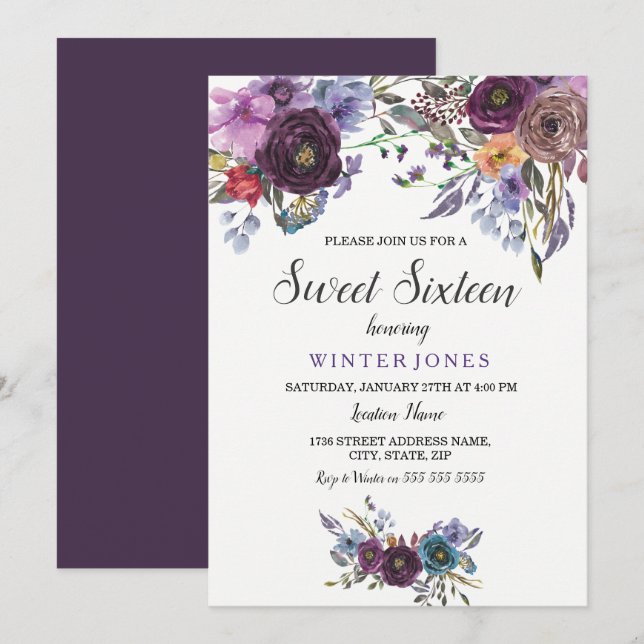 Sweet sixteen d'hiver floral mou mou Invitation (Devant / Derrière)