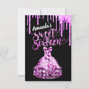 Sweet Sixteen Dress Glitter Drip Pink Drips Black Invitation
