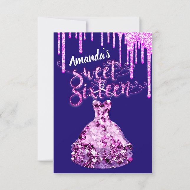 Sweet Sixteen Dress Glitter Drip Pink Drips Blue  Invitation (Back)