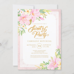Sweet Sixteen Elegant Floral Watercolor Blush Pink Invitation