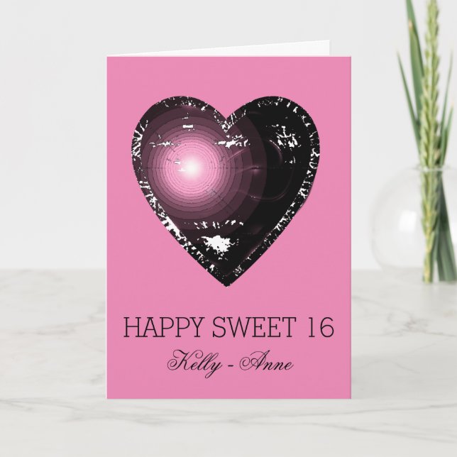 Sweet Sixteen Elegant Gothic Pink Heart Card (Front)