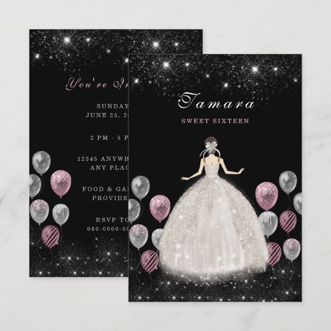Sweet sixteen Elégante carte d'invitation d'annive (Devant / Derrière)