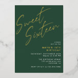 Sweet Sixteen Emerald Green and Gold 16th Birthday<br><div class="desc">Modern and cool 16th birthday invitations with heading "Sweet Sixteen" text in gold foil on a contrasting dark green background. The reverse side features a pattern of the word "sixteen" in coordinating script. The reverse side pattern, as well as the background colour, can be changed by using the design tool....</div>