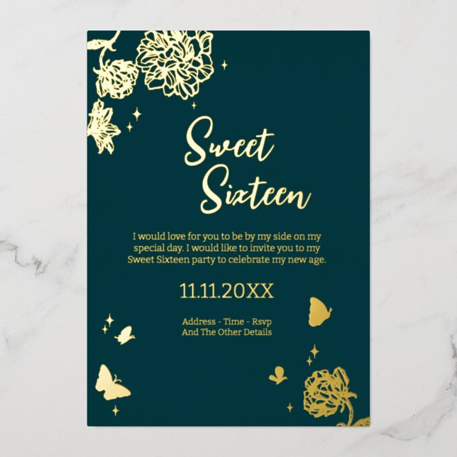 Sweet sixteen Emerald Green Foil İnvitation (Recto)