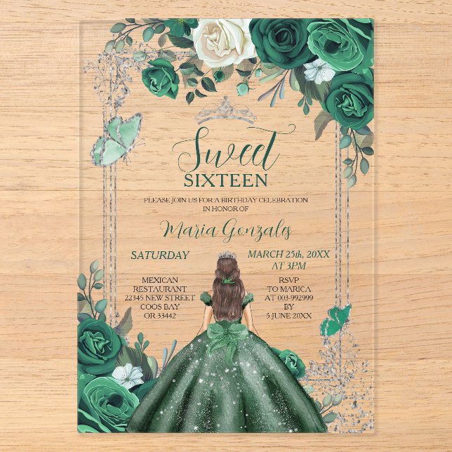 Sweet Sixteen Emerald Green & Silver Birthday Acrylic Invitations (Front)