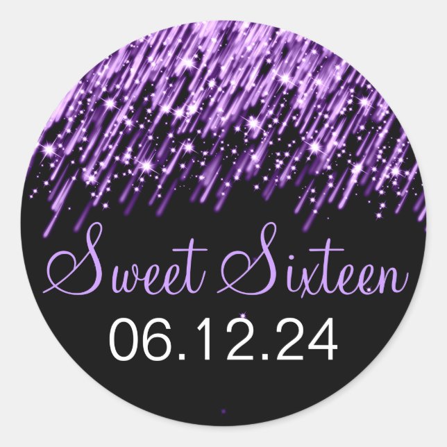 Sweet Sixteen Falling Stars Purple Classic Round Sticker (Front)