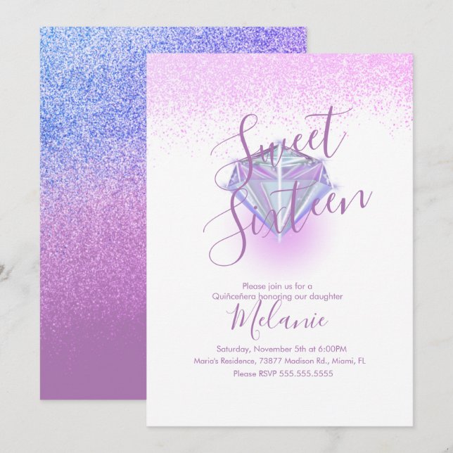 Sweet Sixteen Faux Diamond Gem Purple Invitation (Front/Back)