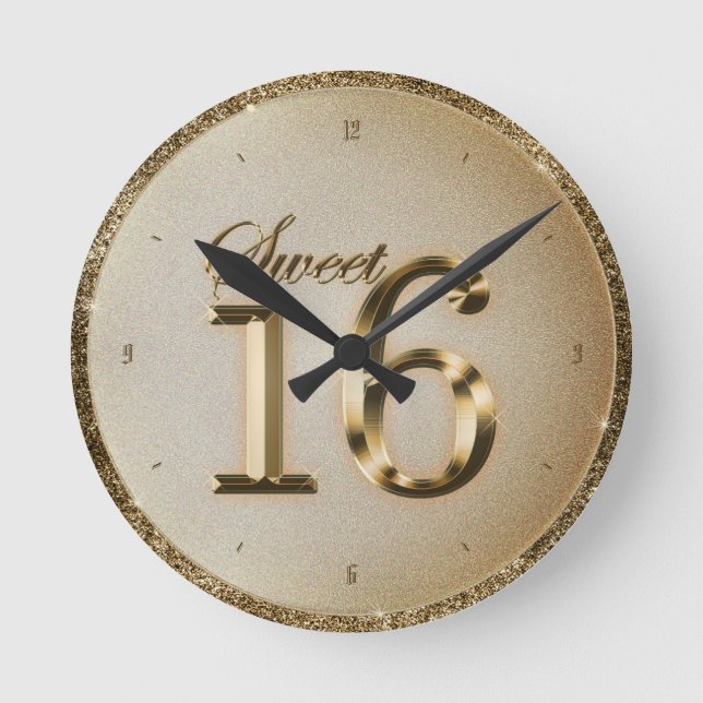 Sweet Sixteen Faux Gold Foil Round Clock (Front)