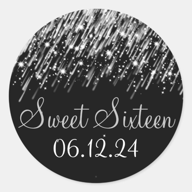 Sweet Sixteen Favour Falling Stars Silver Classic Round Sticker (Front)