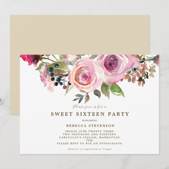 sweet sixteen fleuri violet invitation (Devant / Derrière)