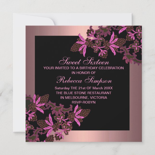 Sweet Sixteen Floral Pink Birthday Invitation (Front)