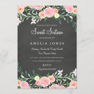 Sweet Sixteen Flower Chalkboard Pink Invite