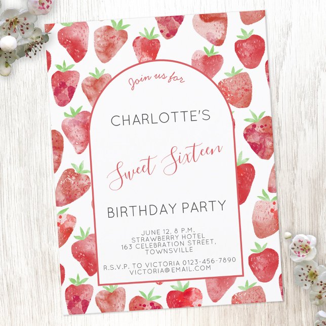 Sweet sixteen fraise Invitation de fête d'annivers (Créateur téléchargé)