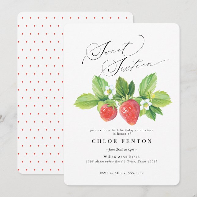 Sweet sixteen fraise rouge Invitation d'anniversai (Devant / Derrière)