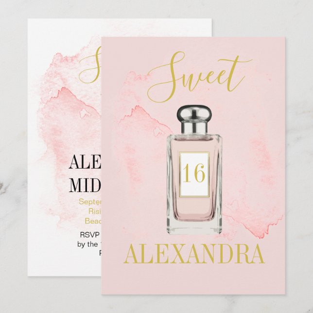 Sweet Sixteen French Pink Perfume Monogram Invitation (Front/Back)