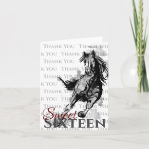 Sweet Sixteen Galloping Horse Sketch Birthday Thank You Card