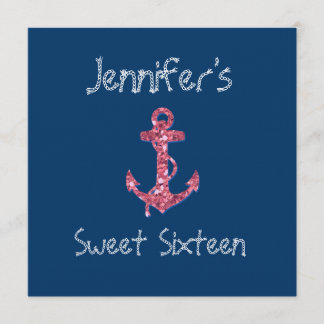 Sweet Sixteen Girly, Nautical Pink Glitter Anchor Invitation
