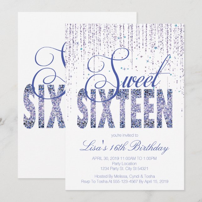 Sweet Sixteen, Glam Glitter Invitations (Front/Back)