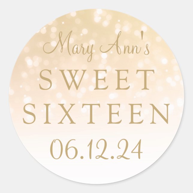 Sweet Sixteen Gold Bokeh Sparkle Lights Classic Round Sticker (Front)
