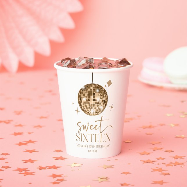 Sweet Sixteen Gold Disco Ball 16th Birthday Party Paper Cups (Insitu)