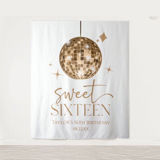 Sweet Sixteen Gold Disco Ball 16th Birthday Party Tapestry (Front)