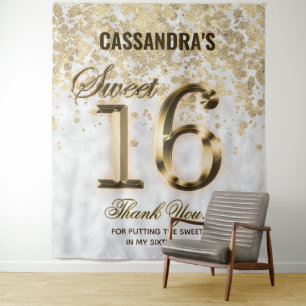 Sweet Sixteen Gold Faux Foil Glitter Tapestry