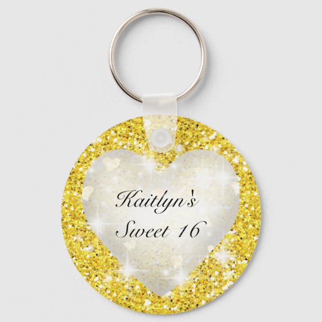 Sweet Sixteen, Gold Glitter, Heart, Party Favour Keychain (Front)