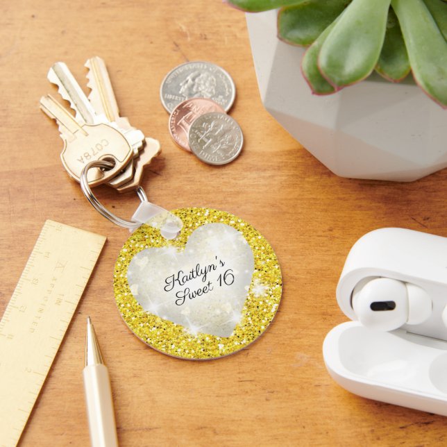 Sweet Sixteen, Gold Glitter, Heart, Party Favour Keychain (Desk)
