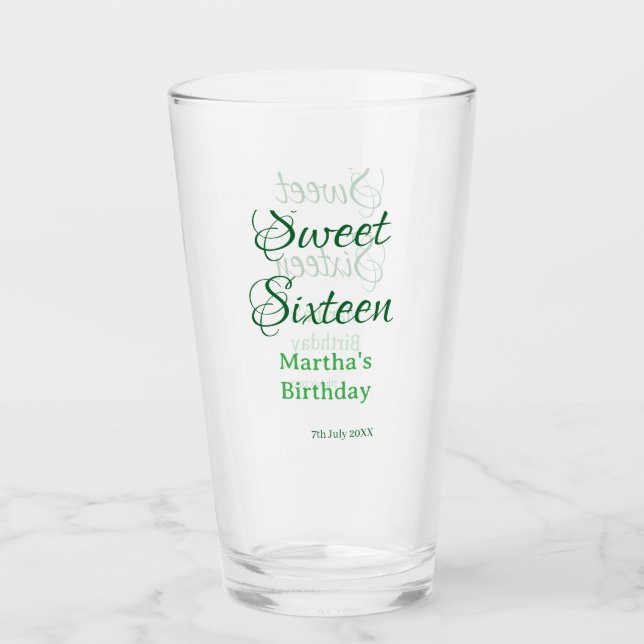 Sweet Sixteen green name date calligraphy boho ret Glass (Front)