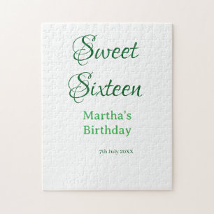 Sweet Sixteen green name date calligraphy boho ret Jigsaw Puzzle