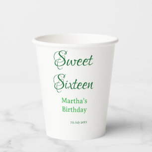 Sweet Sixteen green name date calligraphy boho ret Paper Cups