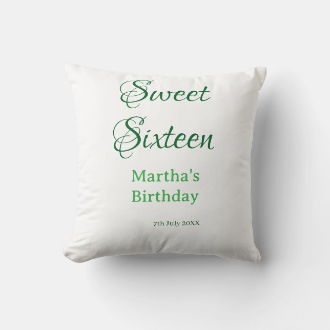 Sweet Sixteen green name date calligraphy boho ret Throw Pillow (Front)