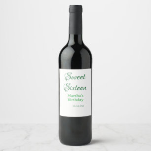 Sweet Sixteen green name date calligraphy boho ret Wine Label
