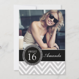 SWEET SIXTEEN GREY ZIG ZAG CHEVRON PATTERN INVITATION