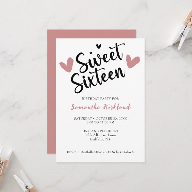 Sweet Sixteen Heart Birthday Invitation (Front/Back In Situ)