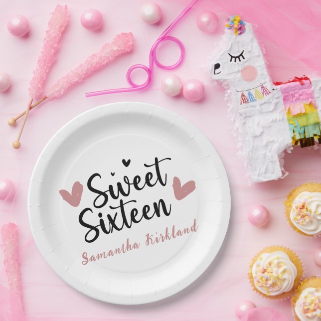Sweet Sixteen Heart Birthday Paper Plate (Party)