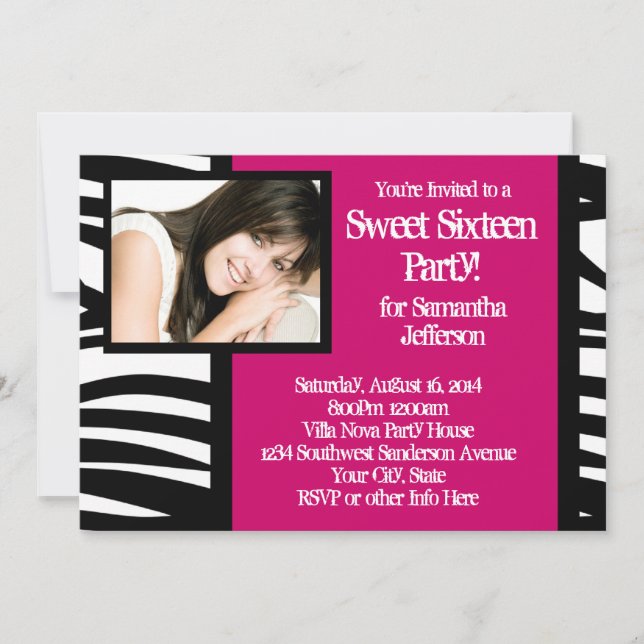 Sweet sixteen, Hot rose Zebra Photo Invitation (Devant)