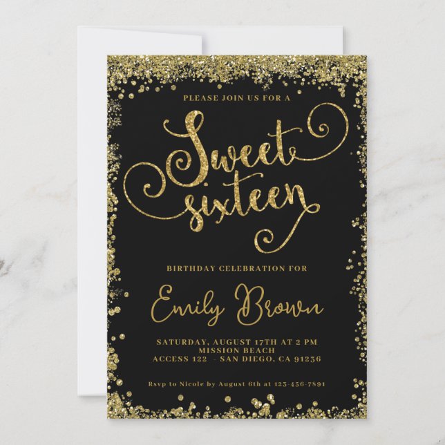 Sweet sixteen Invitation parties scintillant noir  (Devant)